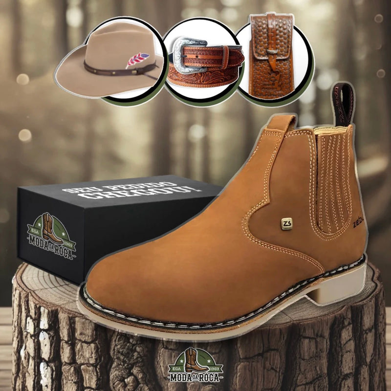 Kit Completo da Bota Texas Masculina Ortopédica de Couro Legítimo + 3 BRINDES: Chapéu, Cinto e Capinha