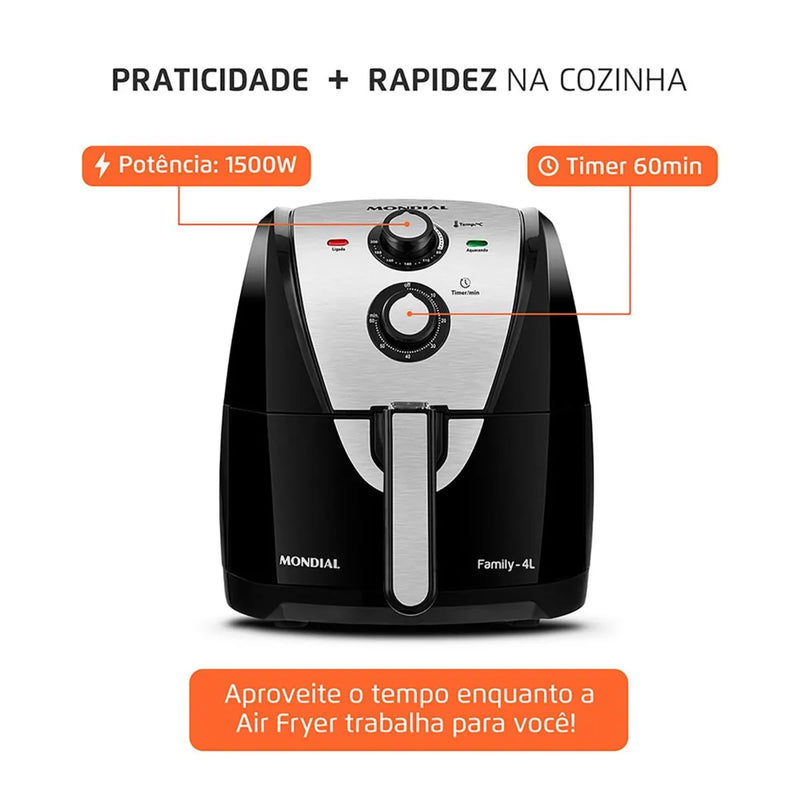 [PREÇO DE FÁBRICA] AirFryer Fritadeira Elétrica Family 4l 1500w + BRINDE [Guia de 70 Receitas]