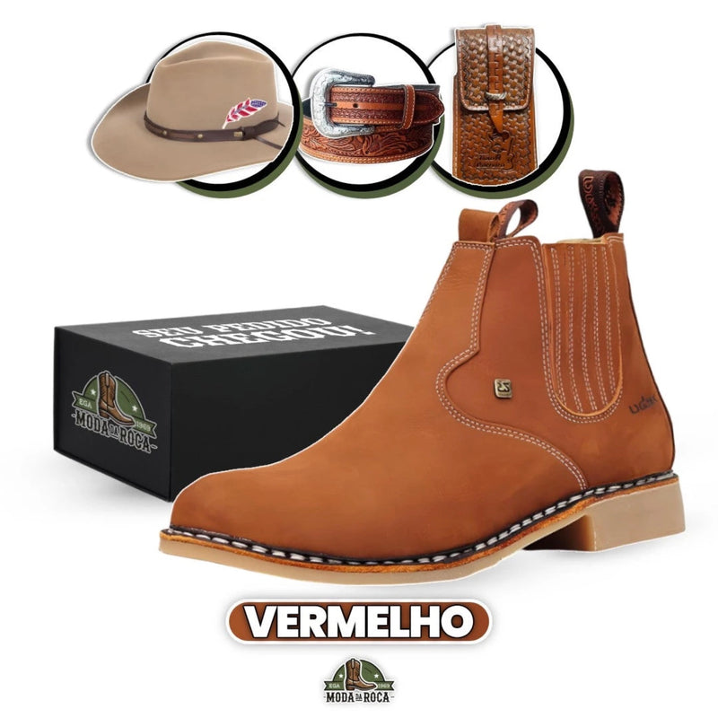 Kit Completo da Bota Texas Masculina Ortopédica de Couro Legítimo + 3 BRINDES: Chapéu, Cinto e Capinha